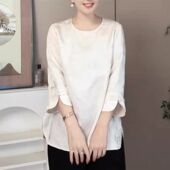 宽松显瘦圆领上衣女夏季 衬衫 新款 盘扣提花小衫 七分袖 国风新中式