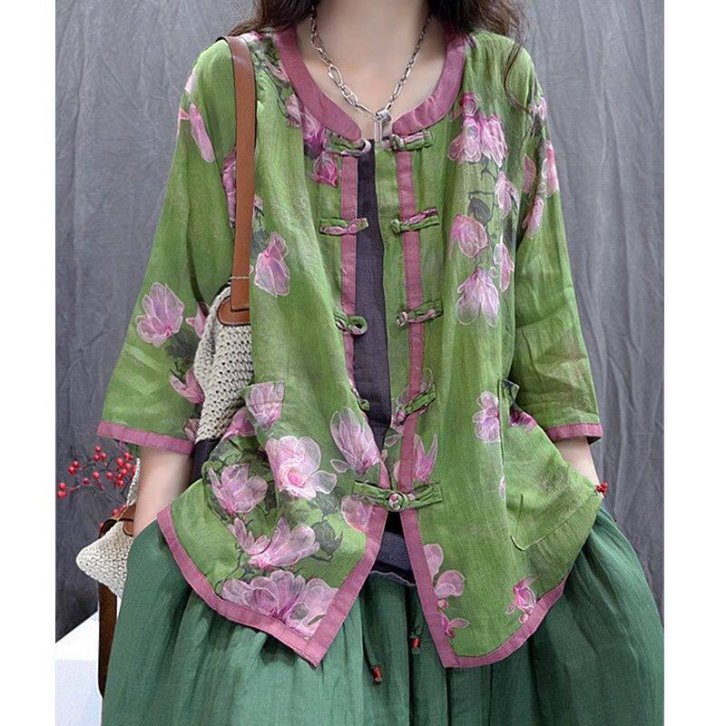 新中式国风撞色盘扣印花衬衫外套大码女装减龄拼色薄款防晒衫女