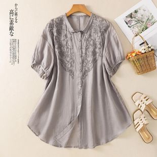 文藝純色重工刺繡棉麻襯衫 薄款 休閑泡泡袖 寬松透氣上衣 女媽媽夏裝