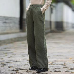 文艺复古棉麻夹棉直筒休闲长裤 女冬通勤纯色简约百搭加厚阔腿棉裤