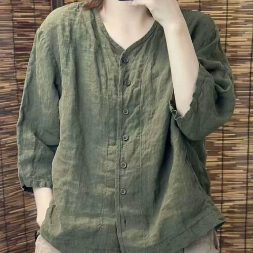 复古棉麻衬衫女夏季新款纯色V领