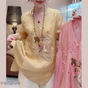 复古新中式刺绣V领衬衫女夏宽松国风禅意盘扣斜襟大码茶服上衣女