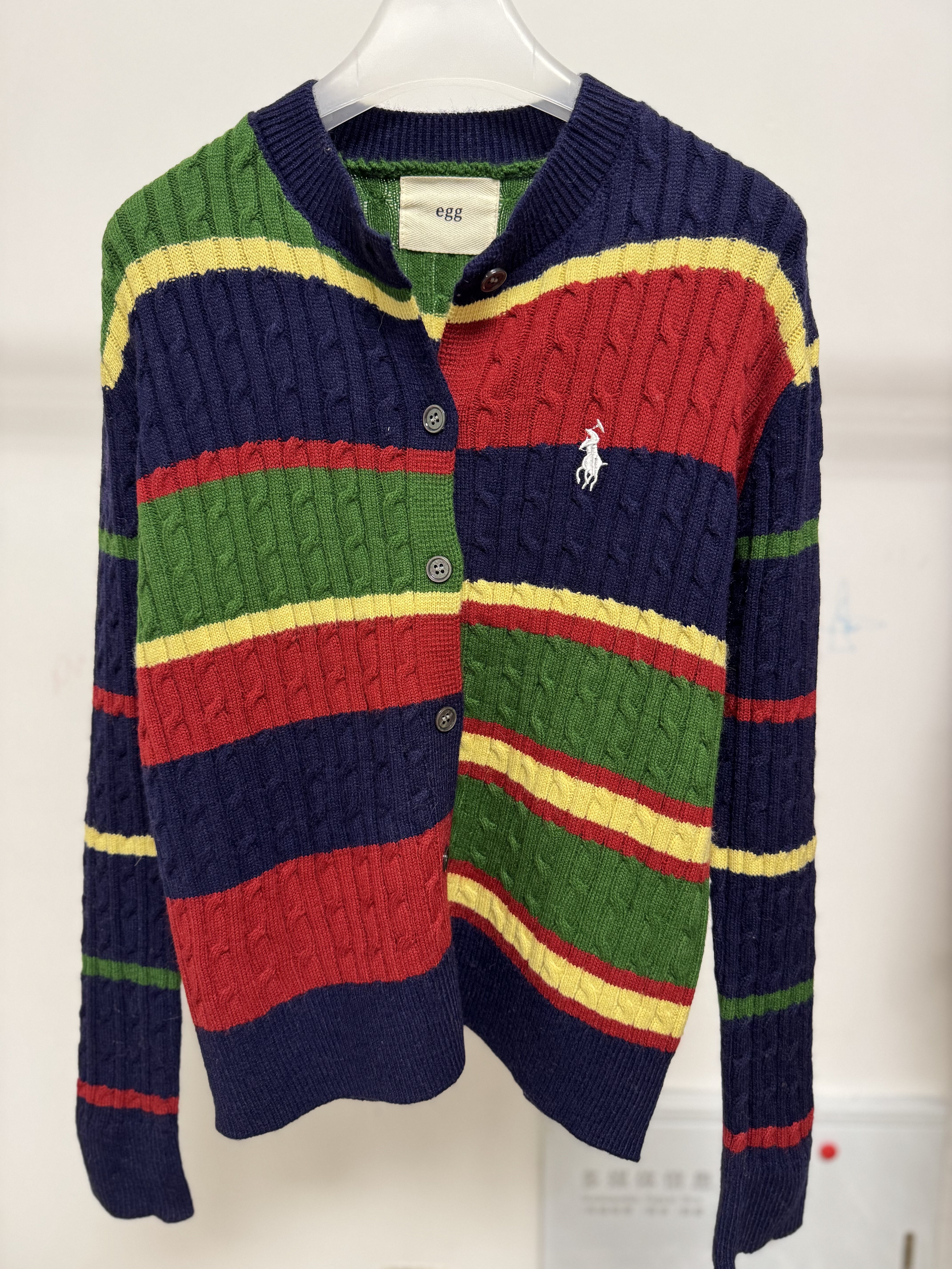 韩国egg 秋冬新款单排扣拼色彩色条纹圆领针织衫显瘦休闲打底开衫