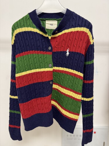 韩国egg 秋冬新款单排扣拼色彩色条纹圆领针织衫显瘦休闲打底开衫