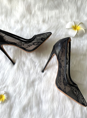 欧美外贸女鞋透视性感黑色蕾丝夜店男士反串表演走秀超细高跟单鞋