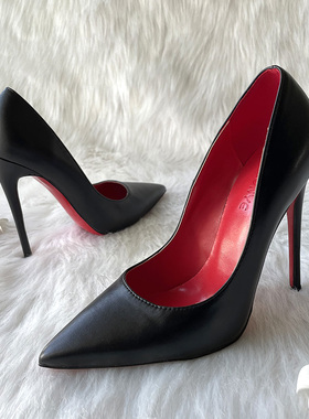 实拍明星同款OL职业黑色哑光羊皮红色内里性感12cm大码细高跟单鞋