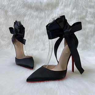 工厂直销外贸女鞋黑色绸缎面超长丝带脚环绑带晚宴party高跟单鞋