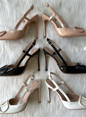 2023秋季新款女单鞋白黑裸色漆皮V标两侧镂后空晚宴礼物12高跟鞋