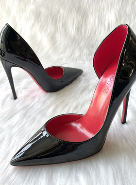 2023新款黑色漆皮简约性感浅口露趾侧空漏惊艳红色内里恨天高跟鞋