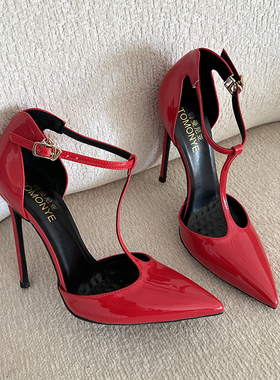 性感红深蓝色漆皮细脚环T带中空尖头高跟鞋定制大码反串男女单鞋