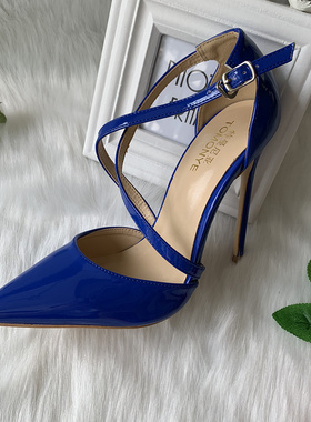 实拍宝蓝色漆皮尖头交叉绑带搭扣女式12cm超细跟优雅夏季高跟鞋