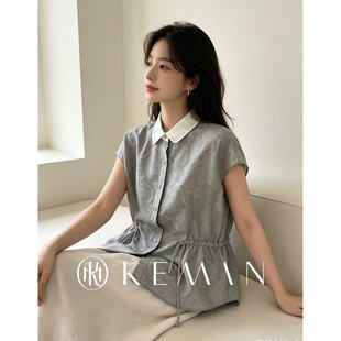 KEMAN 珂曼夏季新款莱赛尔印花收腰短袖通勤百搭衬衫女上衣