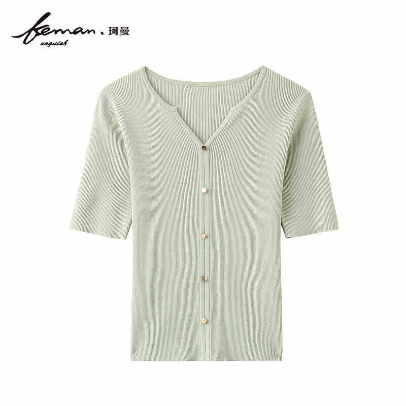 珂曼女装夏季新款短袖针织衫女通勤修身经典简约短款套头百搭T恤