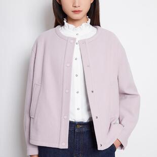 KEMAN珂曼女装秋冬锁温100%绵羊毛紫色短款外套女商场同款