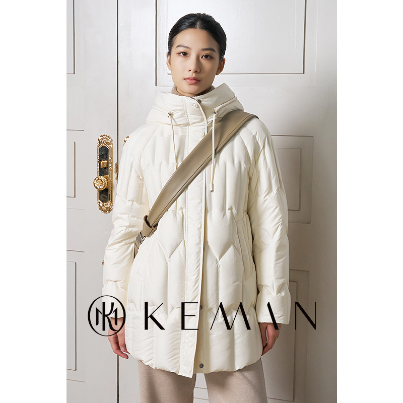 KEMAN珂曼女装 长袖羽绒服冬季中长款收腰拉链夹克外套女士连帽