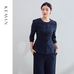KEMAN珂曼女装 藏青色高级感圆领小西装外套春秋新款通勤百搭上衣