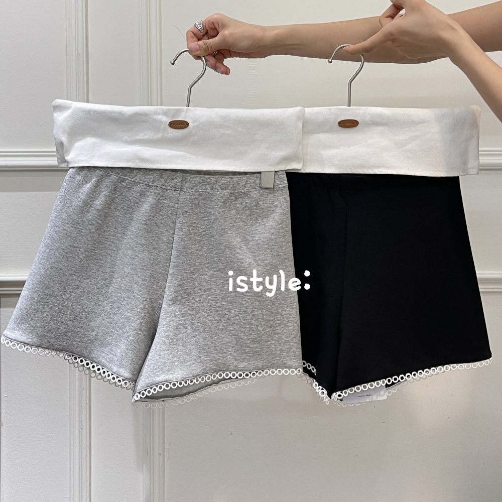 istyle韩系2025春夏新款小个子花边阔腿短裤松紧腰时尚休闲裤女潮