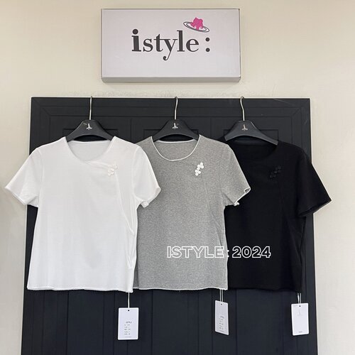 istyle韩版夏季新款2024修身显瘦打底衫国风中式绣花蕾丝花边T恤
