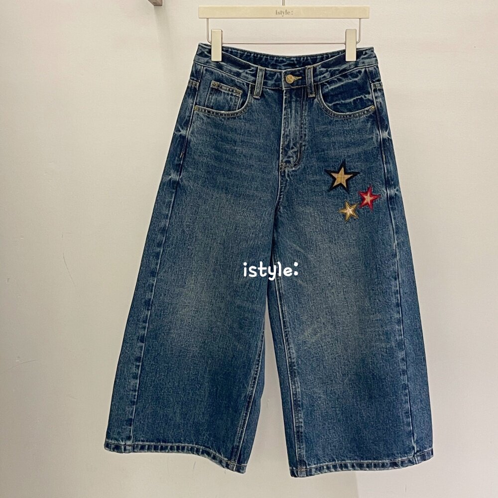 istyle韩版美式复古星星刺绣九分牛仔裤女高腰显瘦设计感阔腿裤潮