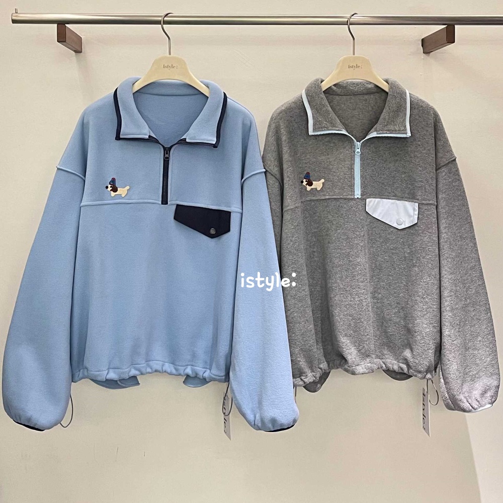 istyle韩版2025秋冬新款半开领拉链摇粒绒上衣卡通狗狗刺绣卫衣女