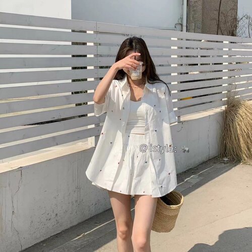 韩版istyle夏季休闲短袖衬衫短裤套装小花刺绣印花阔腿裤两件套女