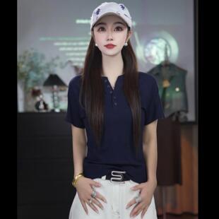 2026夏季慵懒风休闲宽松版V领扣子款韩版纯欲短袖T恤百搭打底女