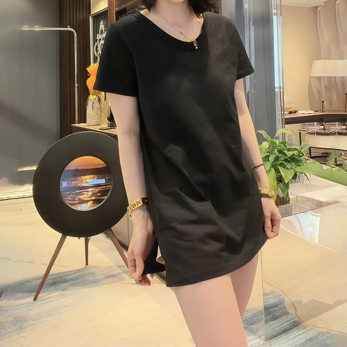设计感侧开叉中长款短袖t恤女大码胖mm2026夏季新款爆款女士上衣