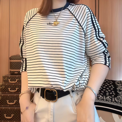 设计感撞色长袖t恤女2025秋季新款爆款刺绣宽松百搭大码胖mm上衣