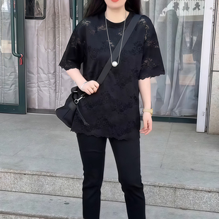 时尚蕾丝短袖t恤女中长款大码胖mm百搭显瘦2026夏季新款爆款上衣
