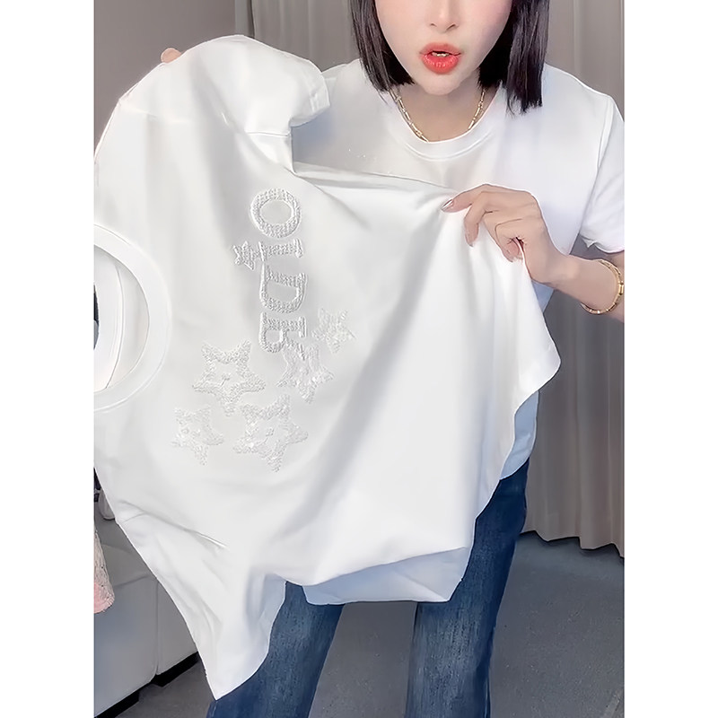 重工刺绣短袖t恤女2026夏季新款爆款大码胖mm宽松显瘦百搭上衣图片