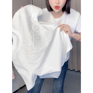 重工刺绣短袖t恤女2026夏季新款爆款大码胖mm宽松显瘦百搭上衣