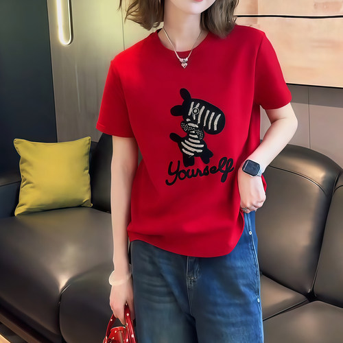 磨毛短袖t恤女2026早春新款宽松显瘦百搭刺绣大码胖mm女士上衣