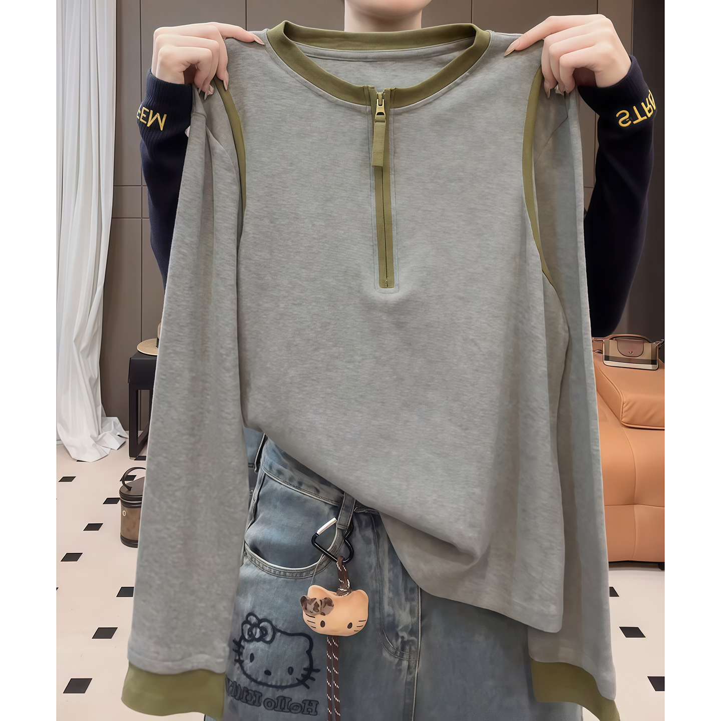 圆领设计感长袖t恤女2025秋冬新款爆款时尚百搭洋气大码胖mm上衣