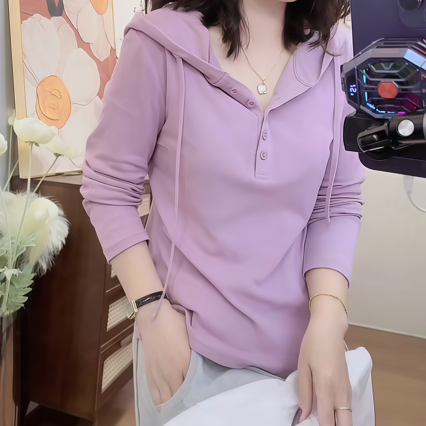 连帽长袖t恤女2025秋季新款爆款宽松洋气百搭大码女士打底衫上衣