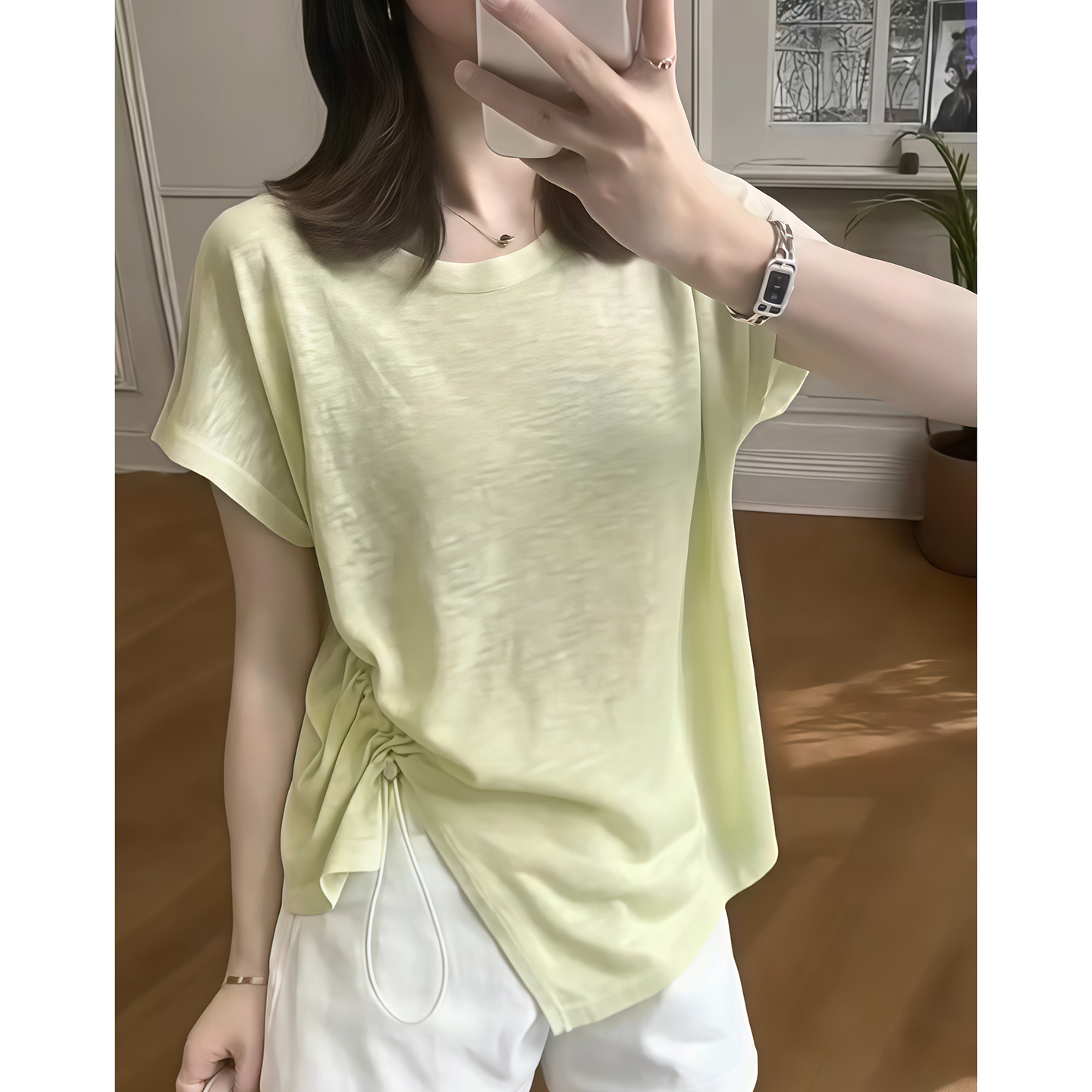 竹节棉设计感小众短袖t恤女2025夏季新款爆款宽松百搭女士上衣潮