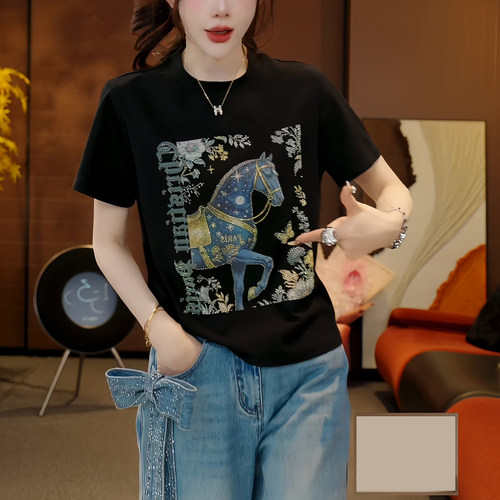 重工印花烫钻短袖t恤女大码胖mm宽松显瘦百搭圆领女士半袖上衣潮