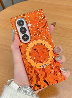 适用三星zfold7手机壳电镀橙色新款Z Fold6解压360支架外壳Z Fold7翻盖折叠屏简约硬壳Z Flip7防摔手绳保护套