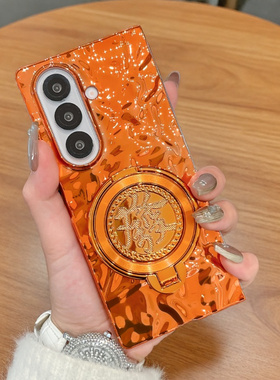 适用三星zfold7手机壳橙色新款Z Fold7创意发财支架翻盖外壳Z Fold6折叠屏电镀硬壳Z Flip7防摔手提链保护套