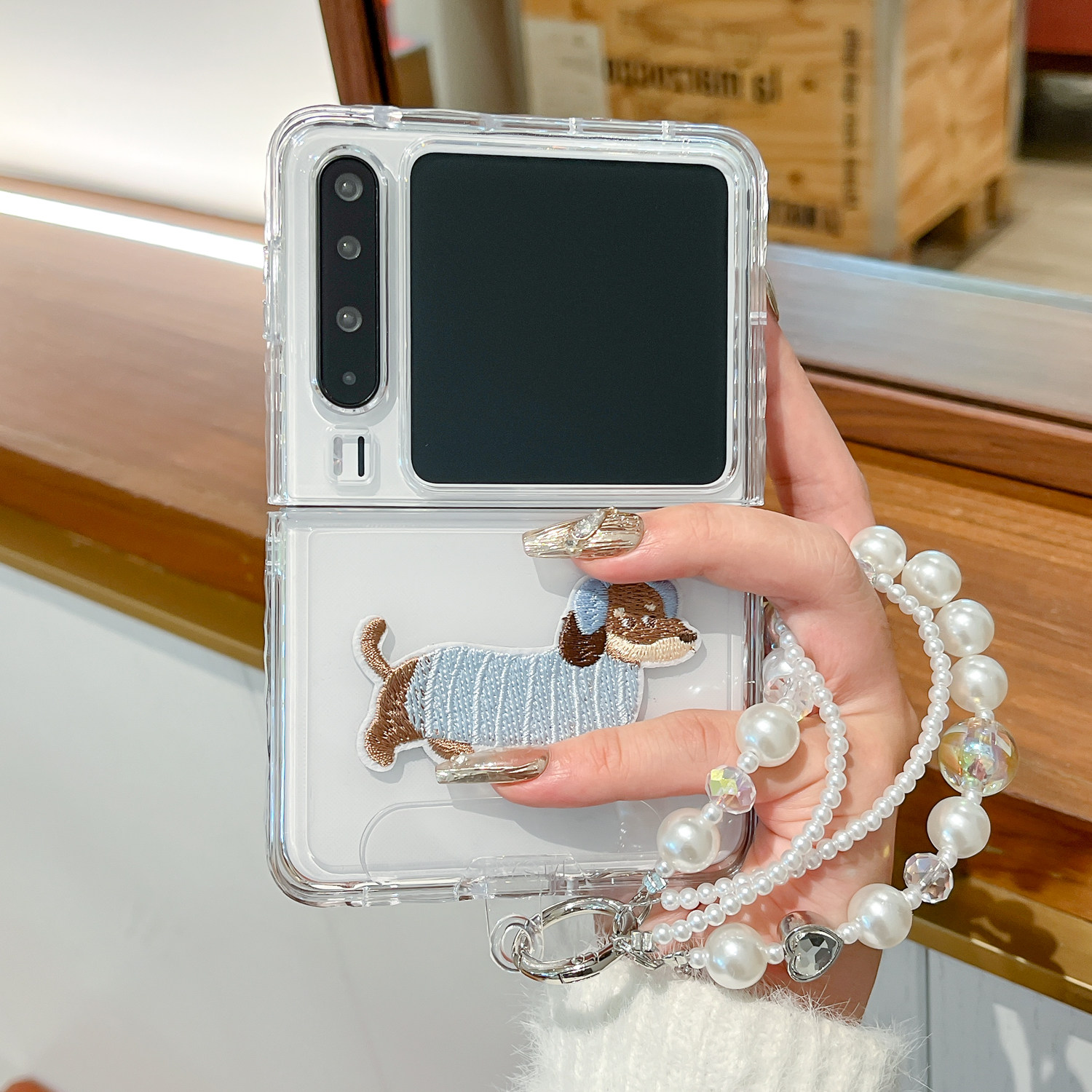 适用华为purax手机壳新款钻石纹相框透明壳Pocket2折叠屏可爱刺绣小狗Pura X典藏版防摔壳Pocket 2手链