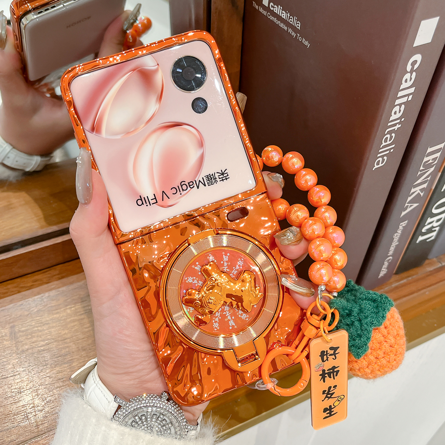 适用荣耀magicvflip手机壳橙色新款V Flip马年支架MagicVFlip2折叠屏电镀硬壳V Flip2防摔好柿发生手链保护套