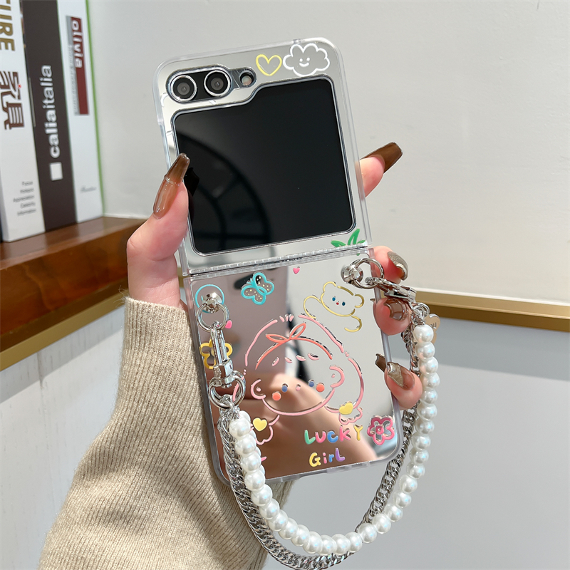 ins风可爱女孩适用三星zflip5手机壳zflip4折叠屏全包ZFlip3防摔壳高级感zflip6女款镜面手链W23Flip保护套