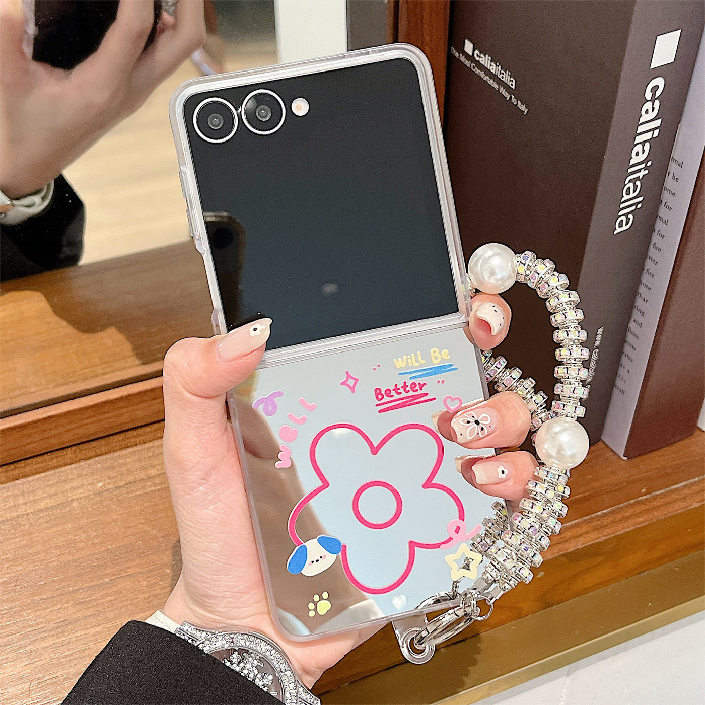 适用三星zflip7手机壳新款zflip6折叠屏硬壳7FE镜面外壳zflip5线条花朵zflip4防摔W25 Flip手提链W24女保护壳