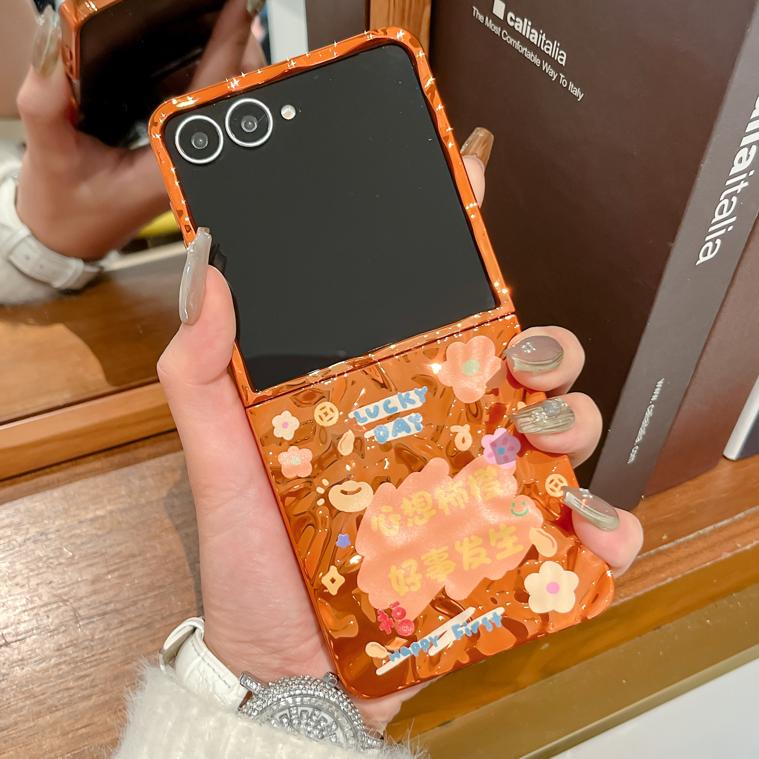 适用三星galaxyzflip7手机壳橙色新款Z Flip6好事发生Z Flip5折叠屏电镀硬壳ZFlip4防摔便携手绳ZFlip3保护套