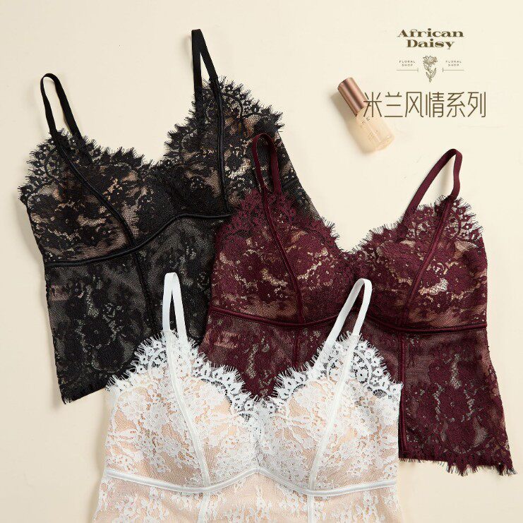 法式性感睫毛蕾丝美背外穿吊带文胸背心女春夏款自带胸垫内搭上衣