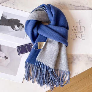 100%纯羊毛围巾男女冬季蓝色纯色双面百搭针织加厚羊绒围脖高级感