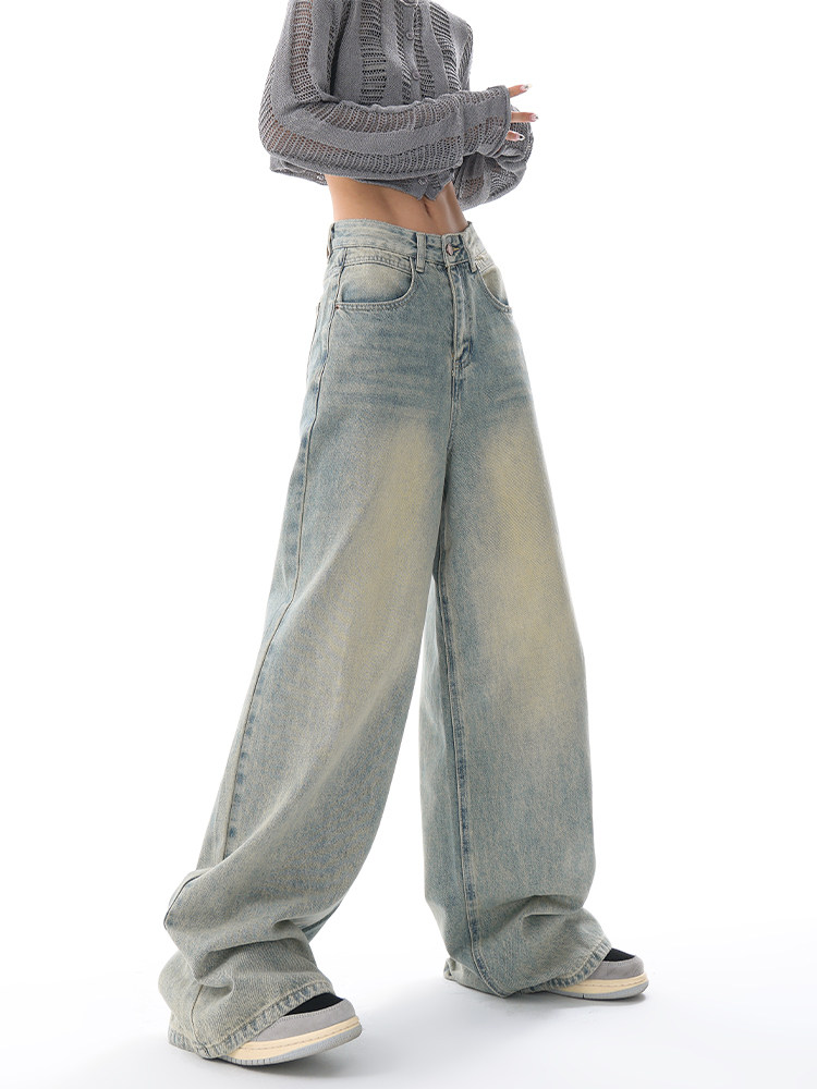 KEN STUDIO FALL|WINTER NEW VINTAGE FLEECE JEANS WOMENS AMERICAN LOOSE DESIGN MOPPING WIDE-LEG PANTS PANTS