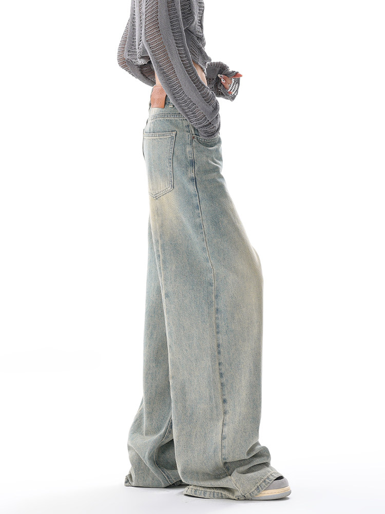 KEN STUDIO FALL|WINTER NEW VINTAGE FLEECE JEANS WOMENS AMERICAN LOOSE DESIGN MOPPING WIDE-LEG PANTS PANTS
