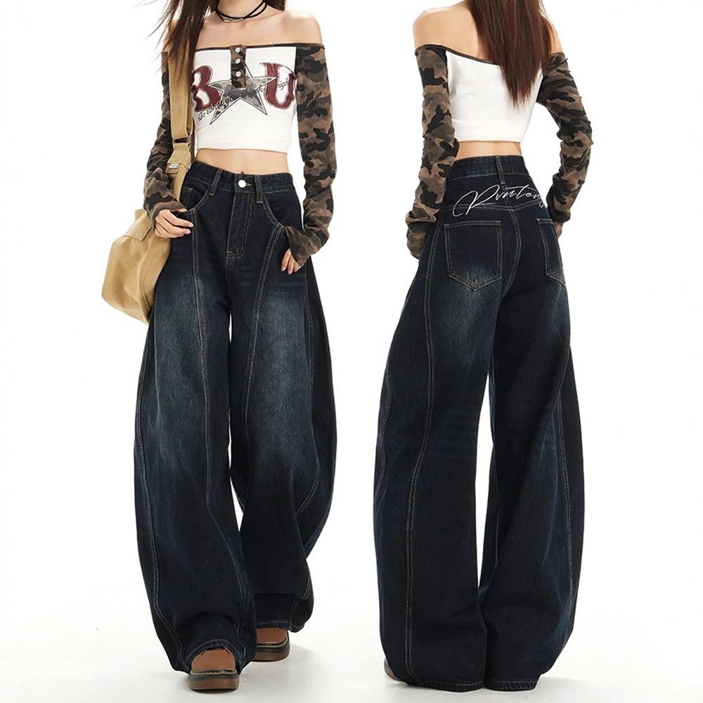 美式复古高街阔腿老爹裤大廓形拖地牛仔裤女明线设计牛仔裤女款