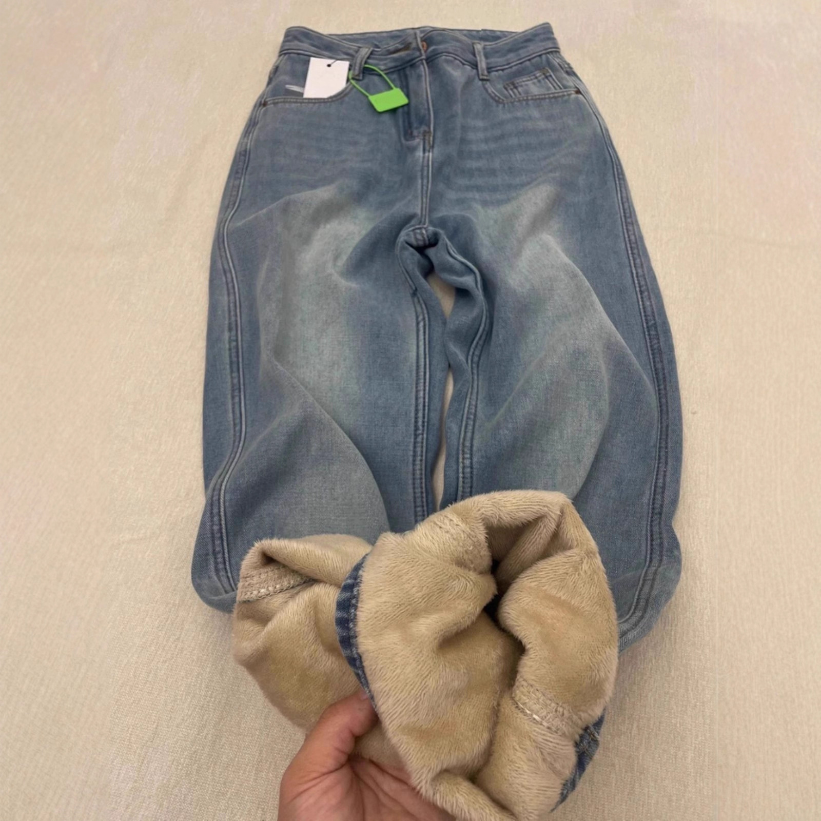 美式复古加绒牛仔裤女秋冬高腰宽松显瘦直筒垂感阔腿裤