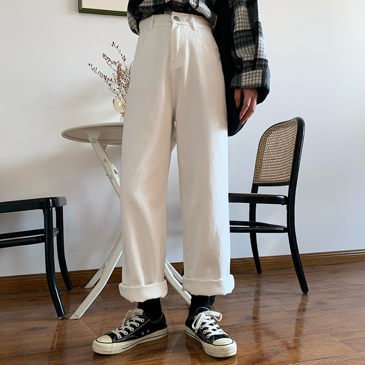 白色直筒牛仔裤2025新款冬季加绒牛仔裤女款直筒高腰显瘦阔腿宽松